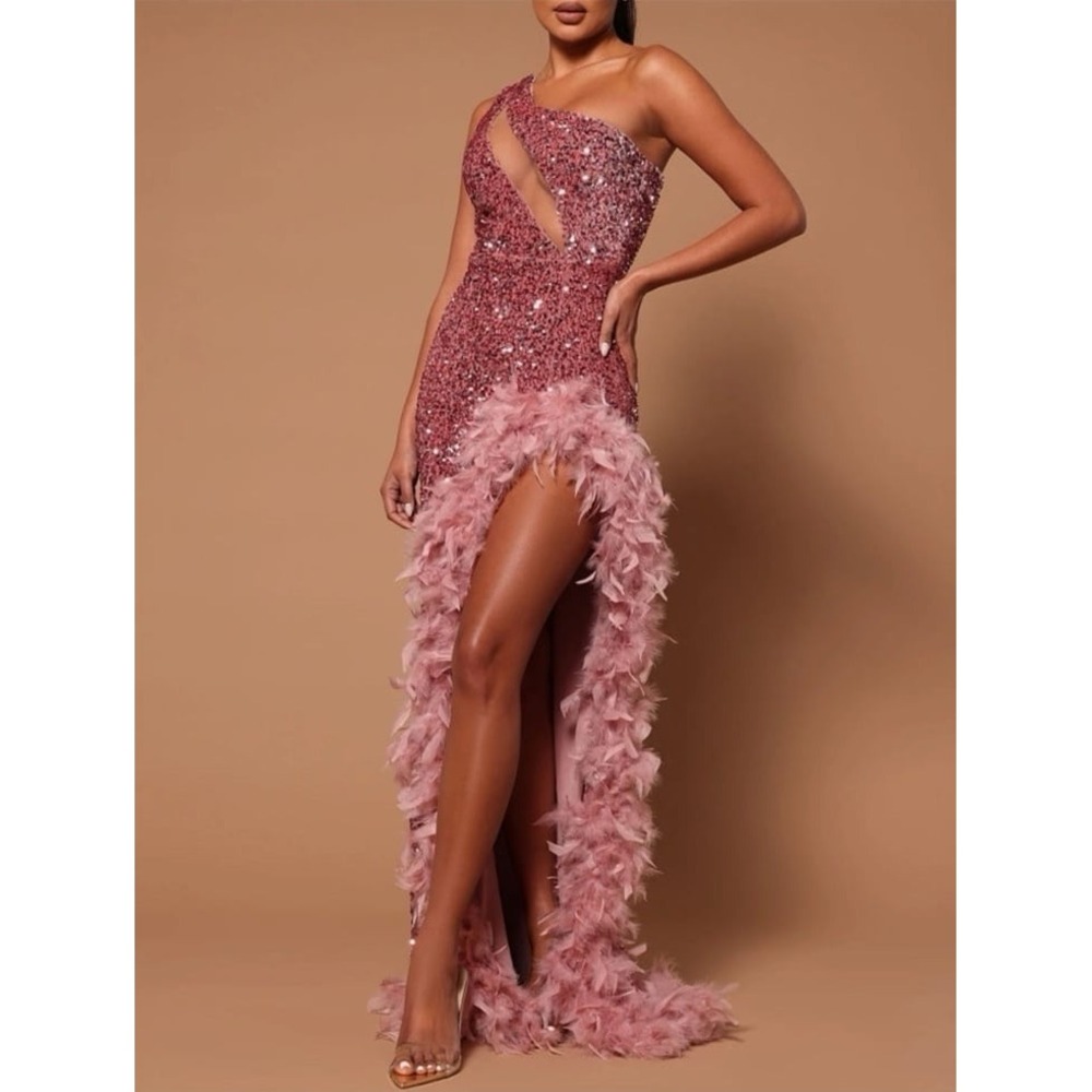 Fashion Nova Pink Sequin One Shoulder Feather Maxi Dress Medium Cutout Slit Gown